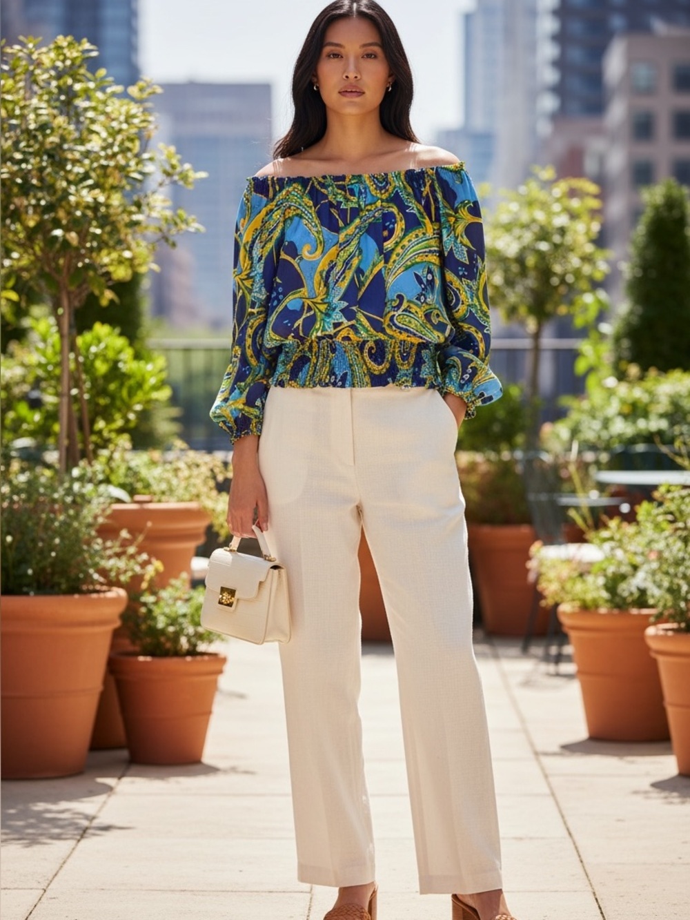 100% Silk Paisley Off-Shoulder Blouson Top in Blue and Yellow